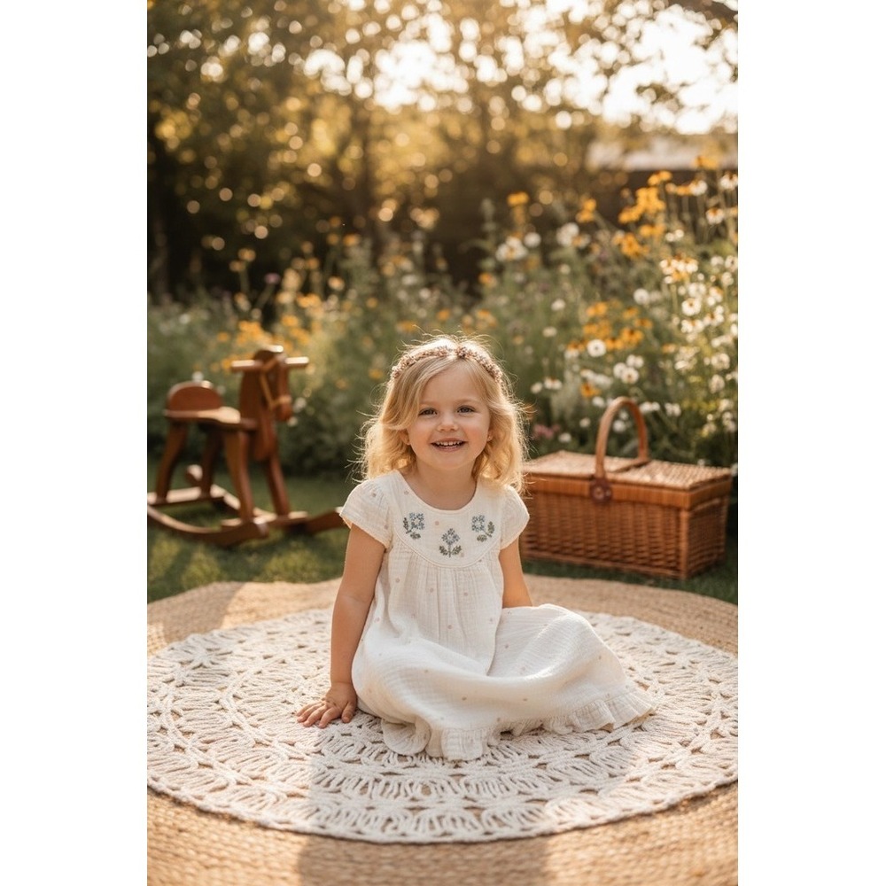easy-peasy Dress Girls 3T Ivory Polka Dot‎ Floral Embroidered Ruffle Hem organic
